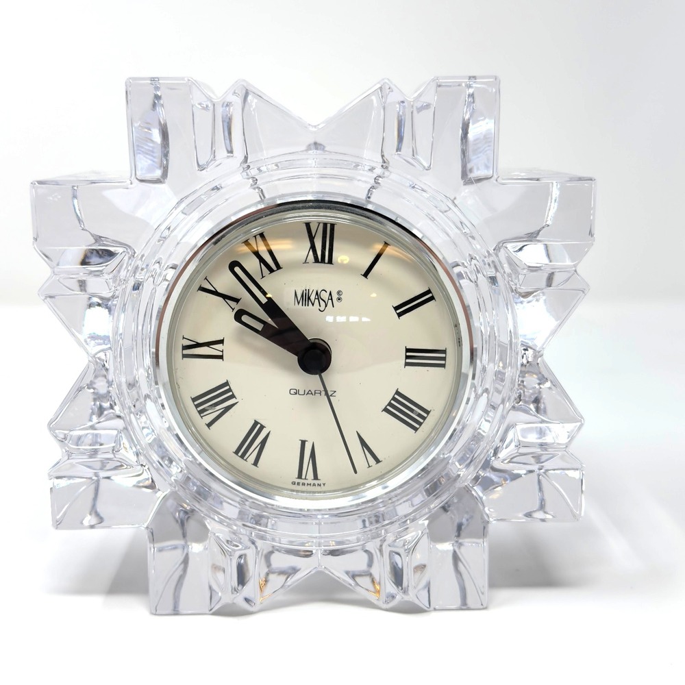 Mikasa Starfire Crystal Desk Clock Quartz Roman Numeral Clear Germany
